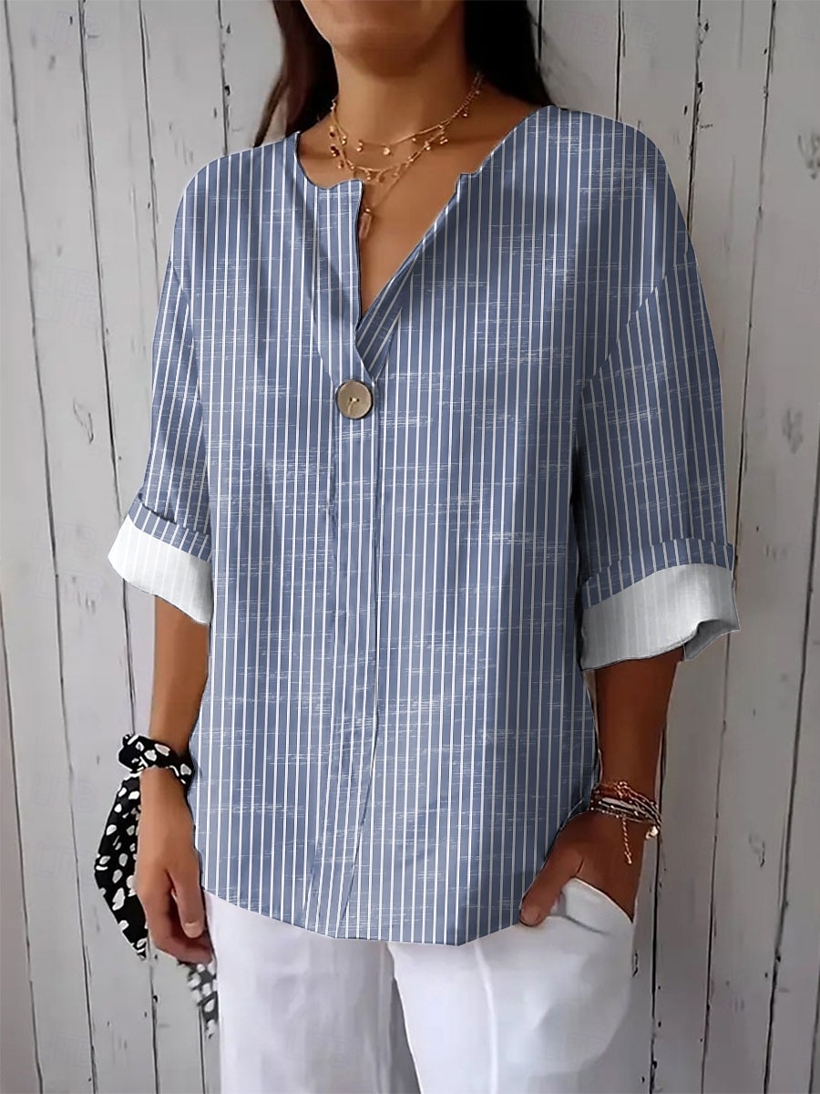 Dame Skjorte Grafisk Stripet Årgang Stilfull Moderne 3/4 ermer Crew-hals Vanlige topper Daglig Ferie Strand Klær Trykt mønster Blå Sommer Vår 2025 - $29.99 –P1