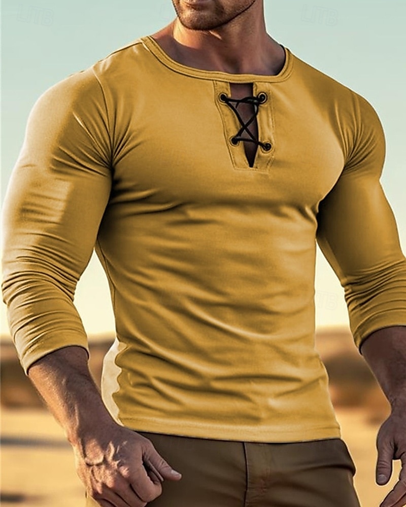 Herren T Shirt T-Shirt Langarmshirt Langarm Rundhalsausschnitt Sommer Frühling Einfach Mode Designer Basic Schnürung Urlaub Straße Ausgehen Schwarz Gelb Grün Top T-Shirt für Herren 2025 - $17.99 –P3