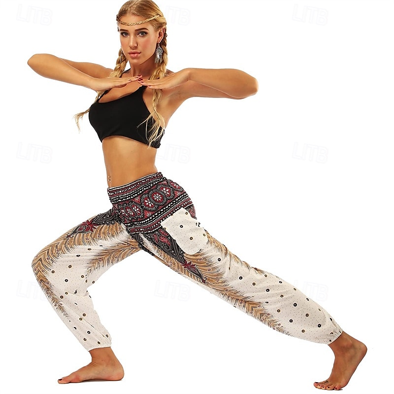 Retro Antiguo Boho Años 70 Pantalones Harem Pantalones de yoga Hippie Cintura elástica Pavo real Plumas Mujer Víspera de Todos los Santos Carnaval vacaciones en la playa Fiesta temática retro Festival 2025 - $27.99 –P12