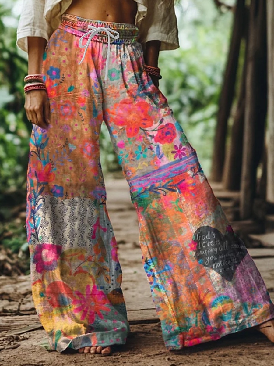Women's Wide Leg Chinos Baggy Pants Vacation Vintage Ethnic Style Full Length High Waist Floral Graphic Printing Thermal Warm Breathable Soft Micro-elastic Vacation Street Causal claret Deep Green 2025 - $24.99 –P2