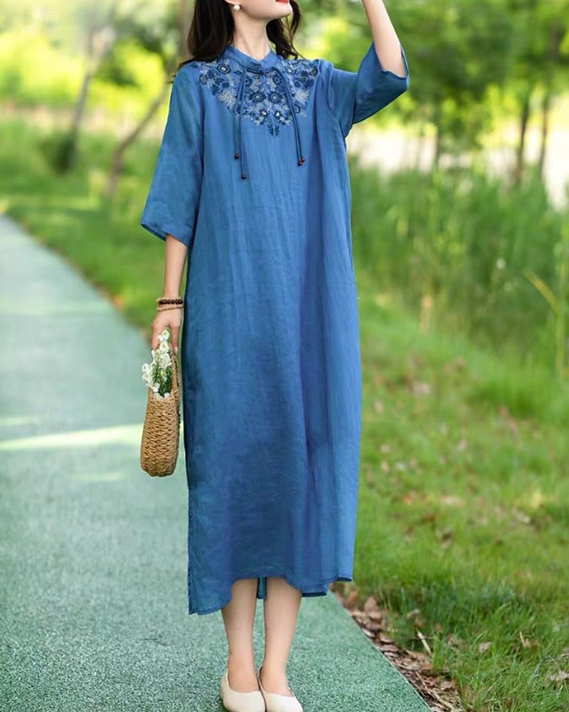 Pentru femei Rochii Midi Rochie din in bumbac Rochie florala Modă Modern Vacanță Zilnic Concediu Fit regulat Floare Manșon Jumate Guler de stand Roz Îmbujorat Albastru piscină Trifoi Caisă Vară 2025 - $28.99 –P8