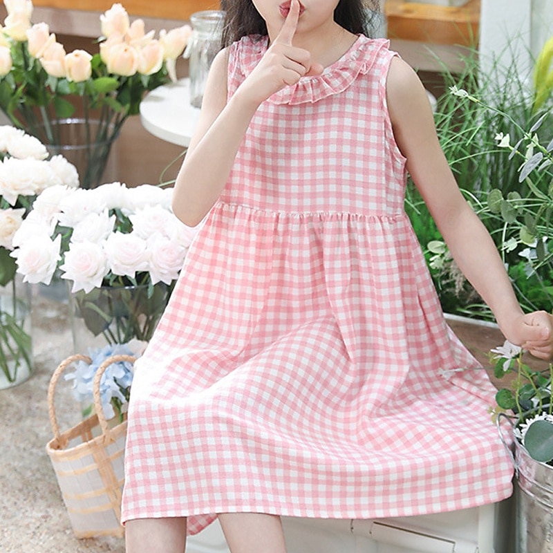 Pink Knee Length Summer Floral Dress Kids Girls' Dress Flower Sleeveless  Outdoor Ruched Adorable Polyester Knee-Length Casual Dress Floral Dress  Summer Years Light Pink Pink Blue