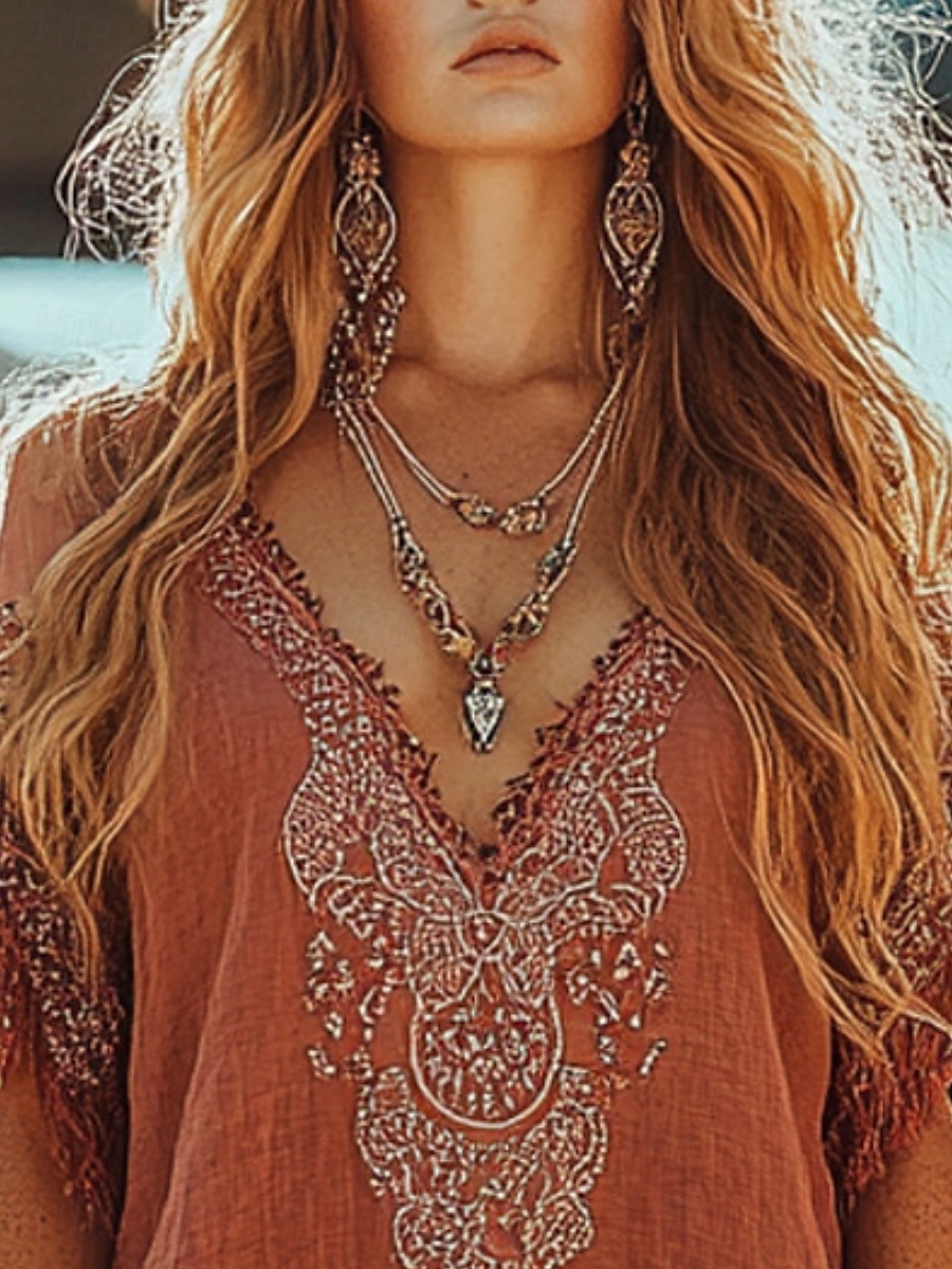 Damen Minikleid Shiftkleid Urlaub Lässig Boho Outdoor Ausgehen Strand Normale Passform Blumen Grafik Kurzarm V Ausschnitt Rote Sommer 2025 - $28.99 –P2
