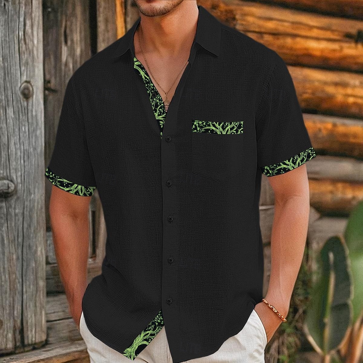 Herren Hemd Leinenhemd Wikinger-Stil Sommerhemd Strandbekleidung Knopfhemd Einfarbig Urlaub Kreuzfahrt Schwarz Weiß Rosa Khaki Kurzarm Kragen Sommer Frühling & Sommer Bekleidung Patchwork 2025 - $21.99 –P7