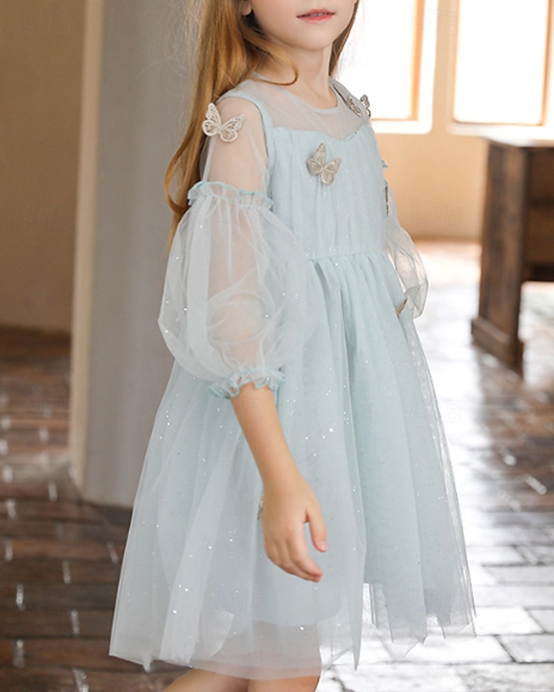Enfants Fille Robe Couleur Unie Manche 3/4 Extérieur Maille Adorable Coton Mi-long Robe Décontractée Robe en Tulle Été 4 ans et + Bleu Ciel de 2025 ? $77.99 –P1