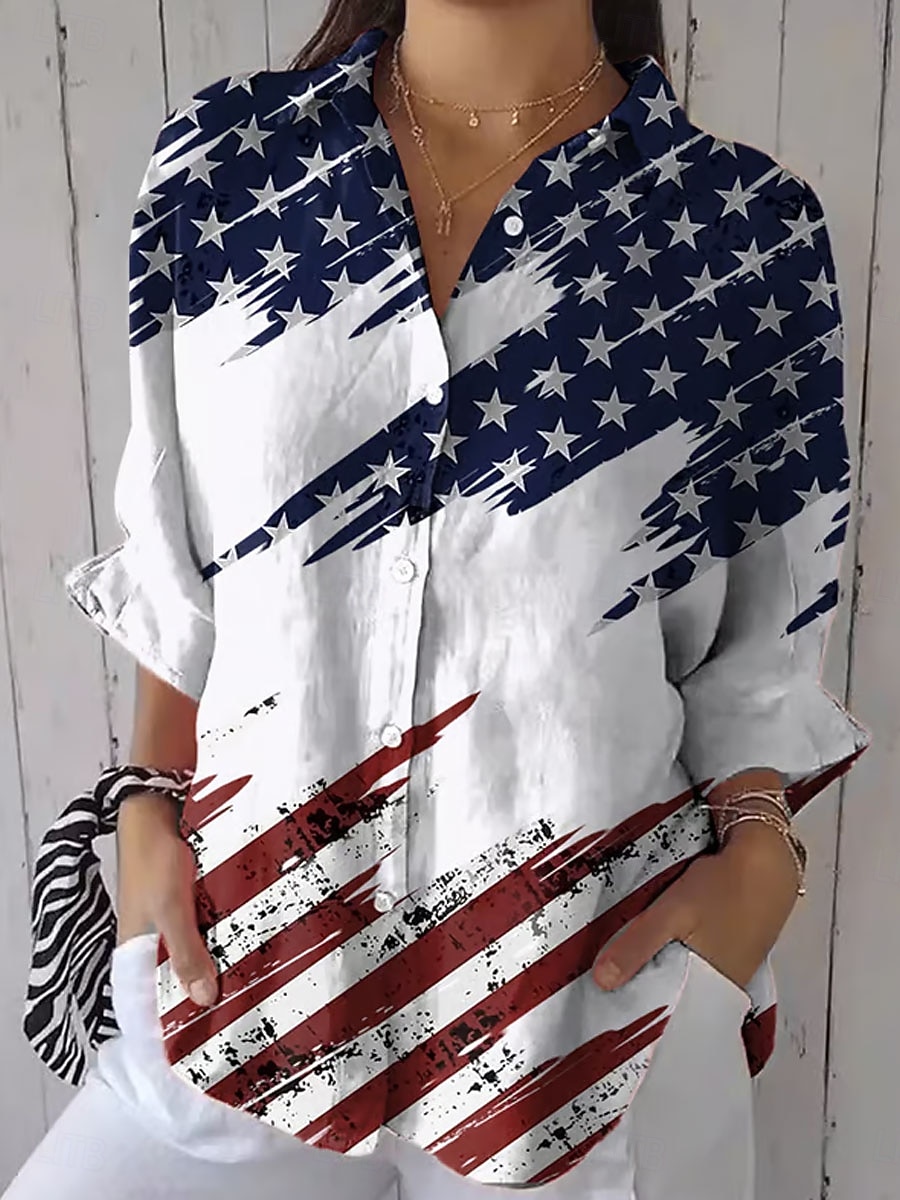 Ziua Independenței Grafic Steag Purtător de Drepturi Femei Patriotic Vintage Elegant Casual Topuri Regulate Zilnic Alb Roșu Albastru Primăvară 2026 - $36.99 –P2