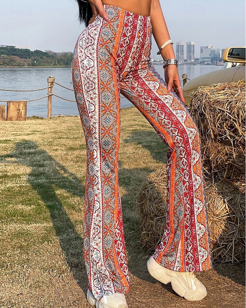 Women's Bell Bottom Slacks Fashion Boho Full Length Natural Flower Elastic Waist Printing Outdoor Comfortable Holiday Going out Magenta Orange red Black Pink Summer Regular Fit 2025 - $16.99 –P3