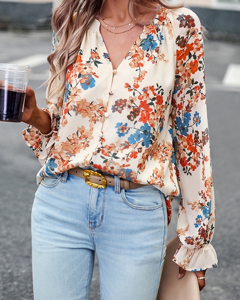 Femmes Chemise Bohème Chemisier Fleur Moderne Boho manche longue Col en V Hauts Réguliers Quotidien Sortir Imprimé Noir bleu marine Bleu Abricot Été de 2025 ? $26.99 –P16