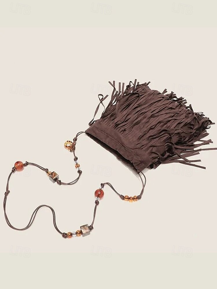 Borsa a tracolla boho da donna con frange e tracolla con perline – borsa a tracolla vintage in pelle scamosciata per festival, viaggi e outfit casual del 2025 a $18.99 –P6
