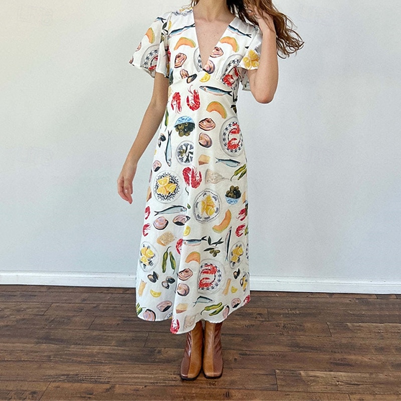 Per donna Abito Lungo Maxi Abito Abiti in cotone e lino Vestito Casual Moda All'aperto Feste Ferie Vestibilità regolare Frutta Manica Corta Scollo a V Beige Estate del 2025 a $42.99 –P4