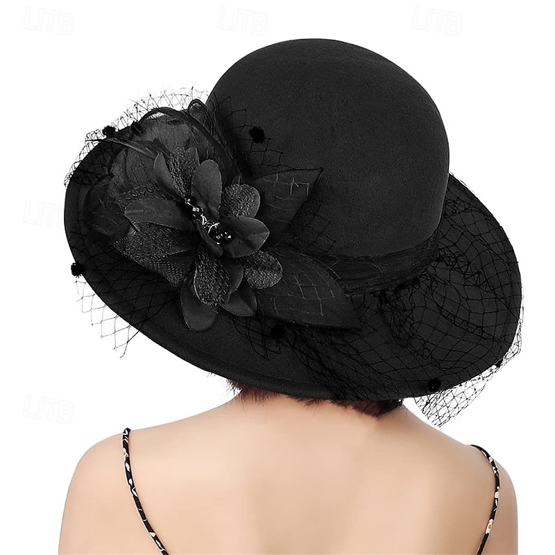 Vintage Fedora Bucket Hat with Removable Mesh Flowers Feathers Elegant Ladies Bowler Hat Winter Warm Wide Brim Church Derby Hat for Wedding Race Banquet 2025 - $23.99 –P10
