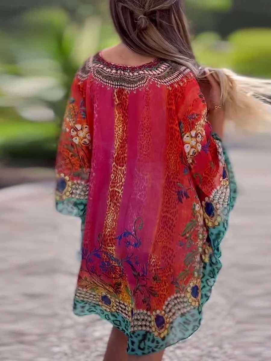 Women's Mini Dress A Line Dress Casual Boho Daily Holiday Beach Regular Fit Graphic 3/4 Length Sleeve V Neck Red Blue Green Summer Spring 2025 - $41.99 –P3