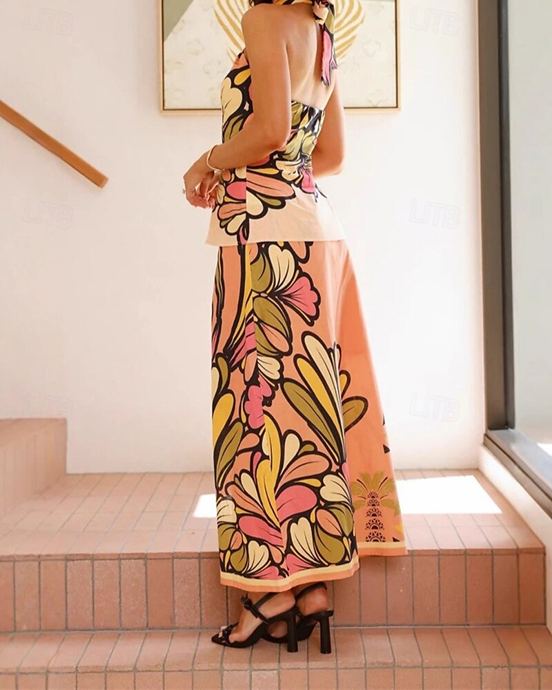 Mulheres Moda Roupa de rua Camisas de algodão e linho Conjuntos de linho de algodão Conjuntos de saia Sem Manga Halter pescoço Floral Imprimir Roupa Diária Encontro Rosa Verão Normal de 2025 por $40.99 –P3