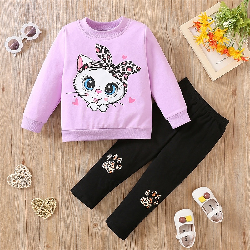 2 osainen Lapset Tyttöjen Kissa Crewneck Huppari & collegehoususetti Aseta Pitkähihainen Muoti ulko- 4 vuotta + Kevät Syvä vaaleanpunainen Punastuvan vaaleanpunainen Purppura 2025 - $11.99 –P5