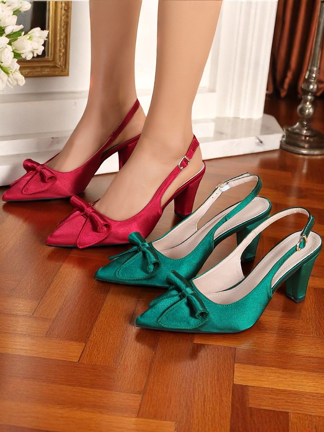 női, 1950-es évekbeli, zöld színű, szatén, slingback magassarkú, masnival – elegáns, hegyes orrú, középmagas sarkú cipők esküvőkre, partikra és hivatalos alkalmakra 2025 - $34.99 –P2