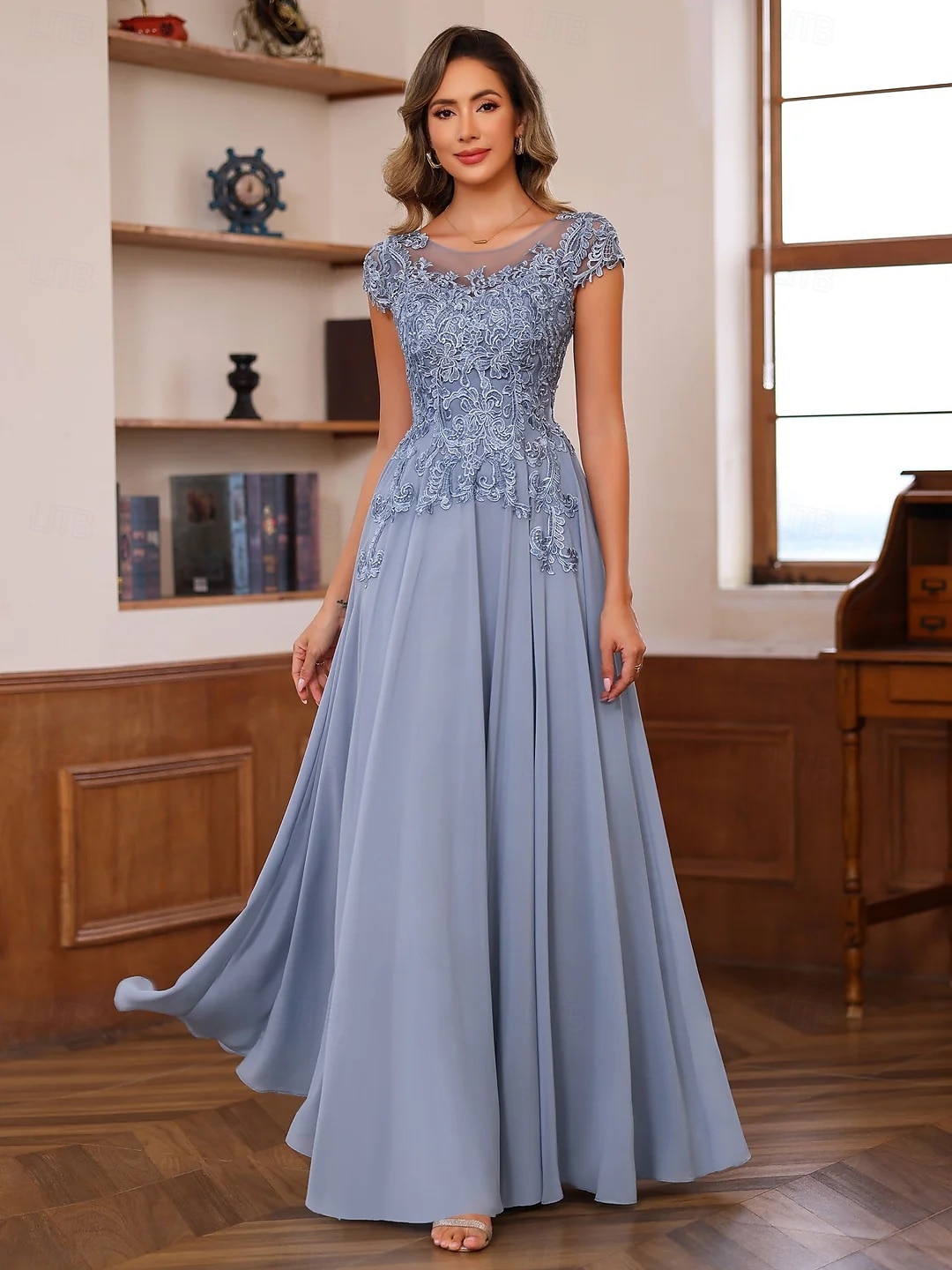 Blue Red A-Line Mother of the Bride Dress Elegant Luxurious Boat Neck Floor Length Chiffon Lace Short Sleeve with Tier Cascading Ruffles 2025 2025 - $139.99 –P1