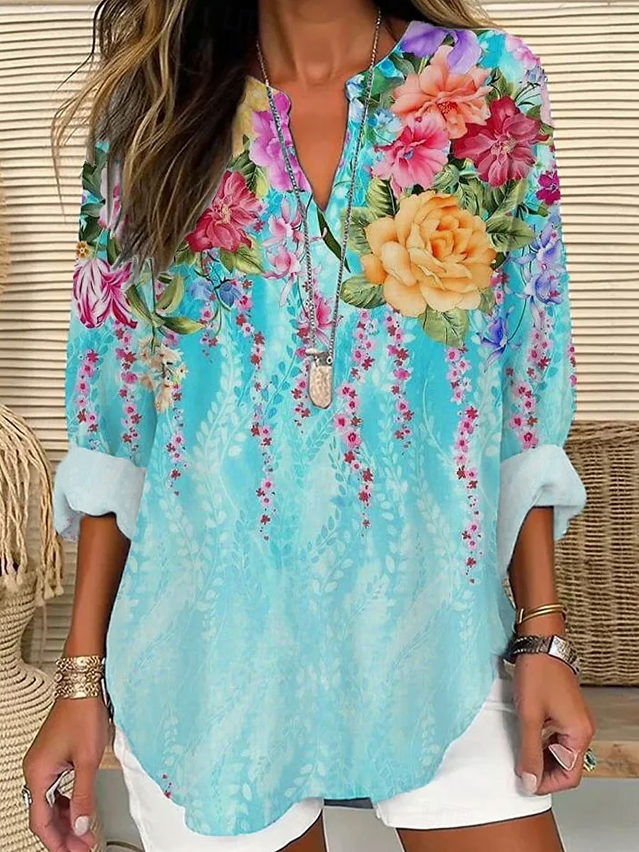 Damenbluse Langarm Tunika Tops Floral Graphic Elegant Stylisch V-Ausschnitt Reguläre Tops Tägliche Urlaub Druck Blau Grün Sommer Frühling 2025 - $24.99 –P1