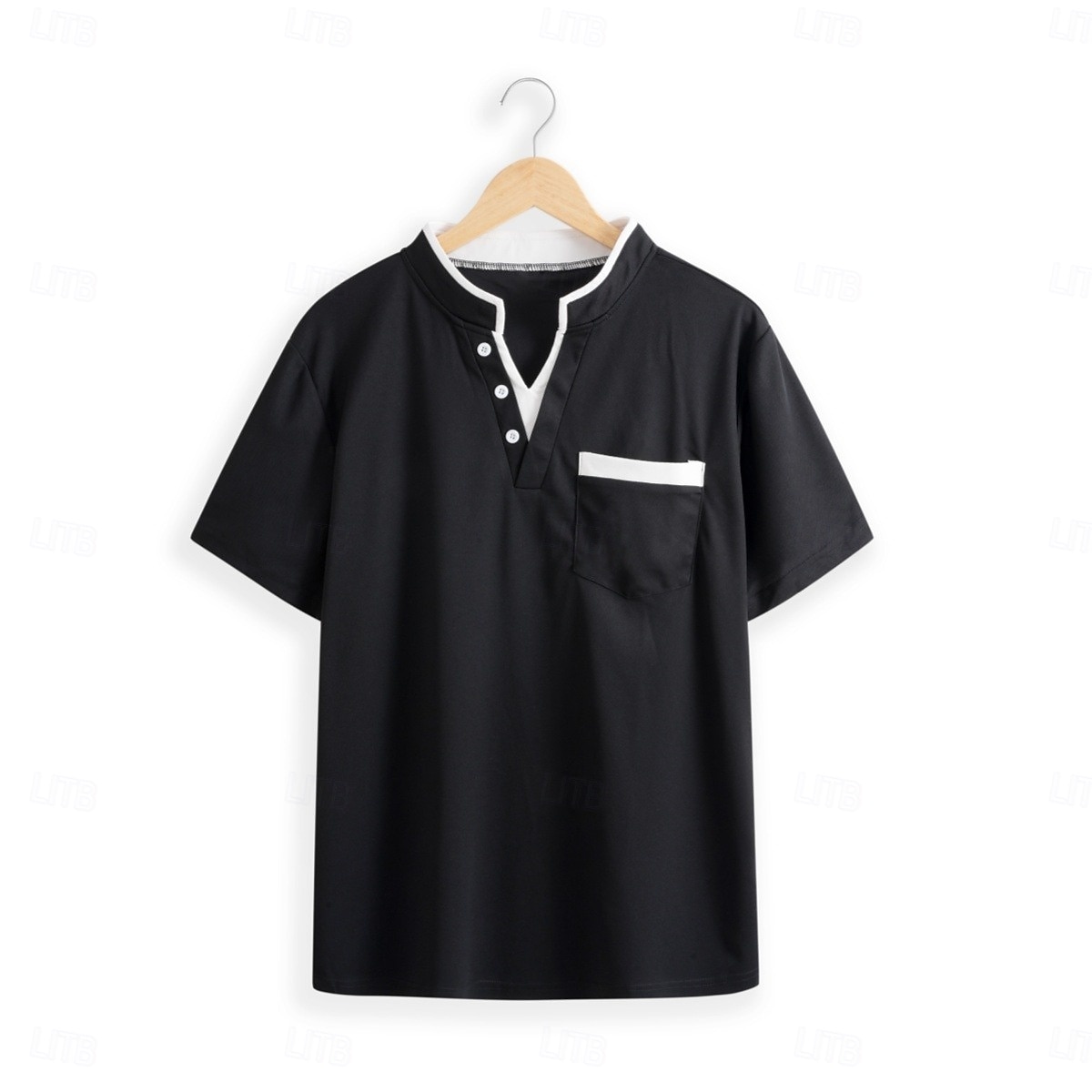 Homens Camisa com gola listrada Manga Curta Decote V Com Recorte Verão Primavera Tecido Moda Básico Moderno Botões duas peças falsas Rua Casual Diário Preto Branco Azul Marinha Top Tee para Homens de 2025 por $18.99 –P7