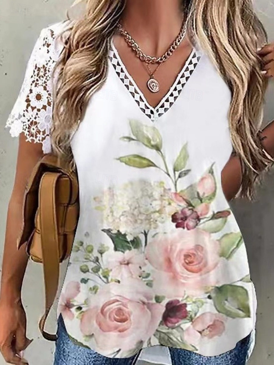 Pentru femei Bluză Floral Stilat Casual Manșon scurt În V Topuri obișnuite Zilnic Dantelă Peteci Imprimeu Negru Roz Îmbujorat Roșu-aprins Auriu Vară 2025 - $16.99 –P1