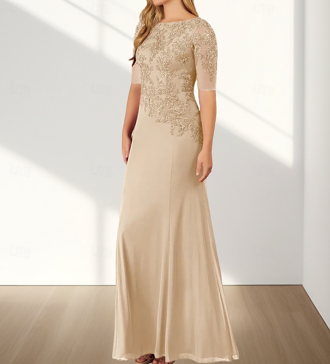 Zeemeermin  Trompet Moeder Van De Bruid Jurk Bruiloft Gast Elegante Crew Hals Vloerlengte Chiffon Halve Mouw Met Applicaties 2025 - $158.99 –P3