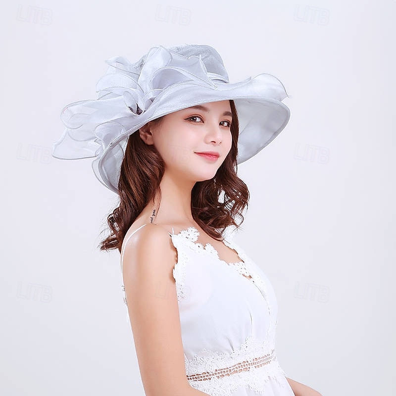 Dámský klobouk Kentucky Church Derby s organzovým širokým okrajem, sluneční klobouk pro dámy, šaty, čajový dýchánek, svatba 2025 - $25.99 –P6