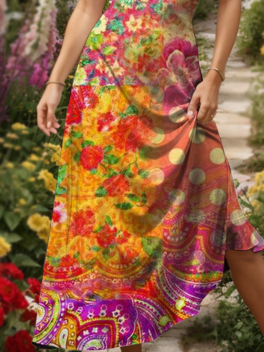 Per donna Abito maxi Vestito Estivo Abito a trapezio Abito Sottoveste Vacanza Casual Boho Spiaggia Vestibilità regolare Floreale Grafico A Pois Senza Maniche Scollo a V Viola Arancione Estate del 2025 a $34.99 –P3