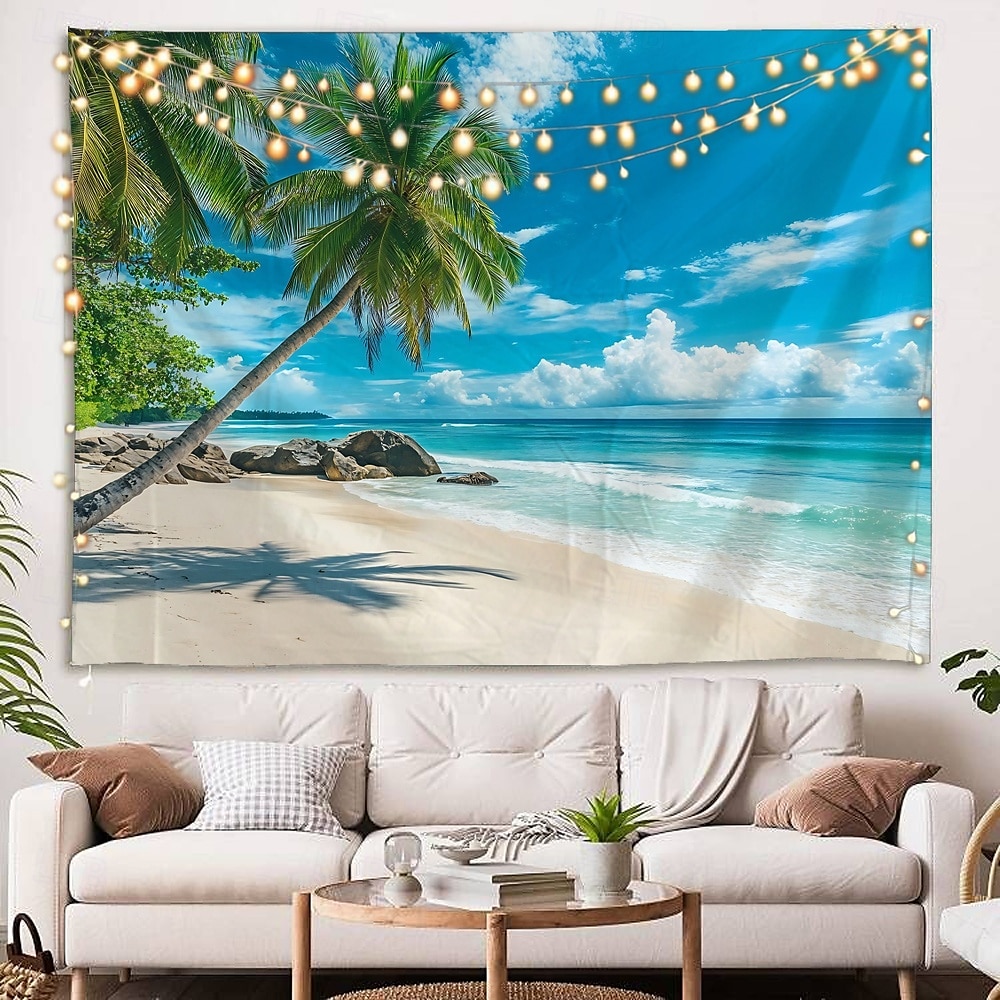 strand hav kokospalmer havutsikt soloppgang landskap billedvev dekorativ kunst teppe gardin hengende hjem soverom stue dekorasjon 2025 - $14.99 –P6