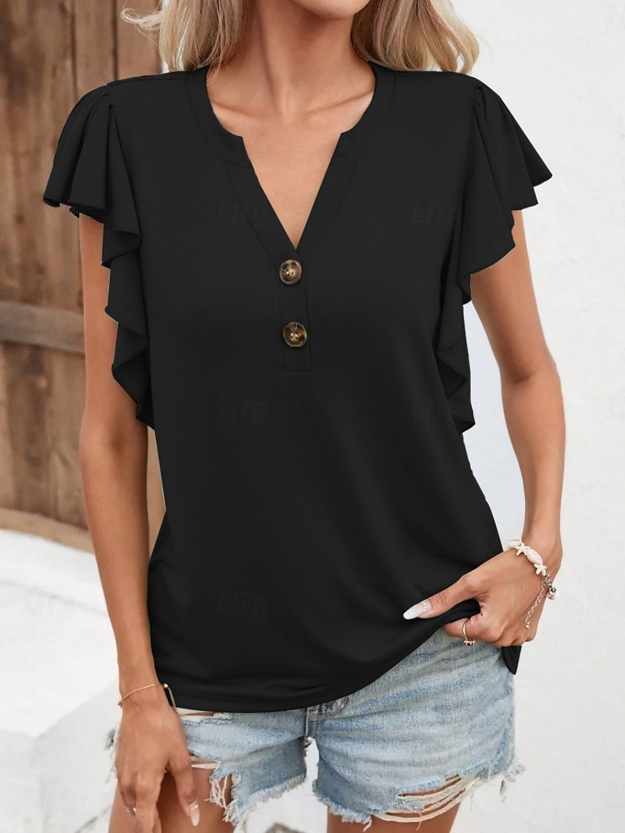 Damen T Shirt Einfach Mode Modern Lässig Kurzarm V Ausschnitt Normale Oberteile Täglich Wochenende Rüsche Knöpfe Weiß Blau Dunkelgrün Grün Grau Sommer 2025 - $13.99 –P8