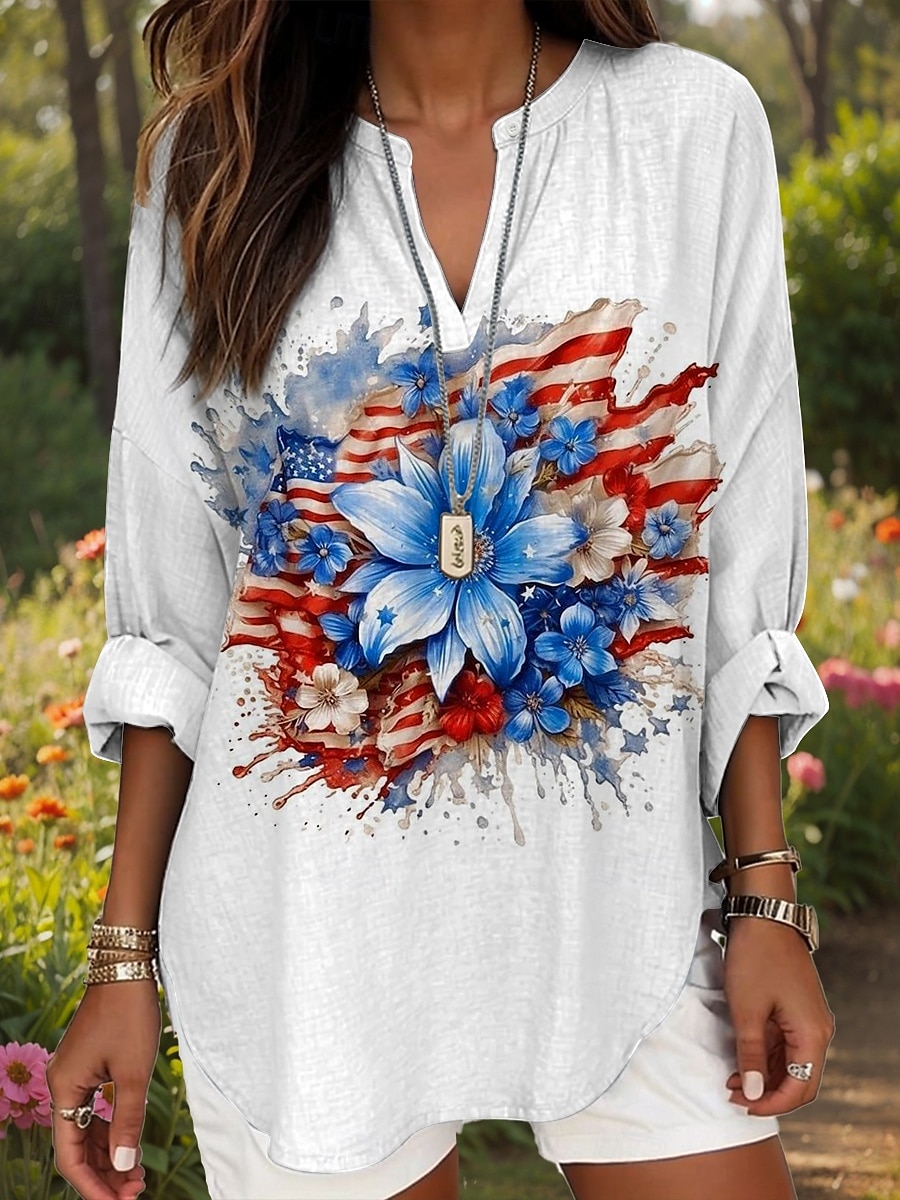 Jour de l'Indépendance Américaine Femmes Hauts d'été Graphique Drapeau Quotidien Occasionnel manche longue Col en V Hauts Réguliers Quotidien Imprimé Bordeaux Rouge Bleu Été Printemps de 2025 ? $24.99 –P1