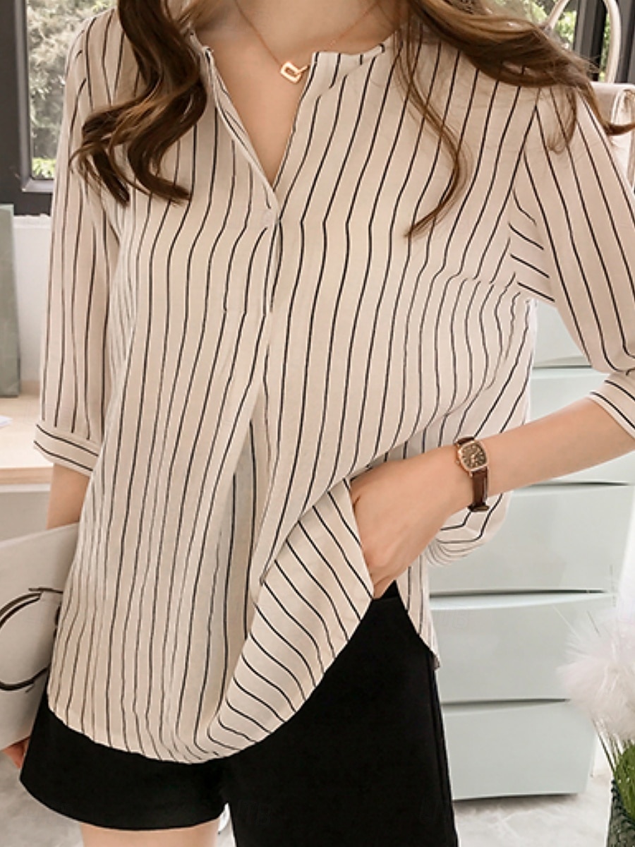 Femmes Chemise Rayé Élégant Occasionnel Manche 3/4 Col ras du cou Hauts Réguliers Quotidien Boutons Imprimé Blanche Rose Claire bleu marine Bleu clair Été de 2025 ? $17.99 –P4