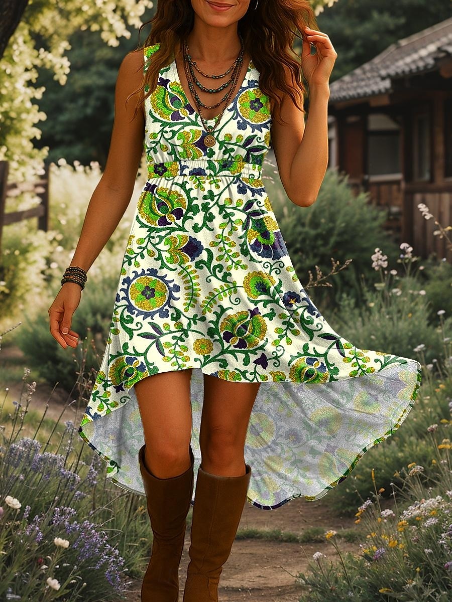 Femmes Robe Midi Robe trapèze Robe d'été Vacances Occasionnel Boho Sortir Plage Coupe régulière Fleuri Graphique Sans manches Col en V Jaune Bleu Violet Vert Été Printemps de 2025 ? $35.99 –P6