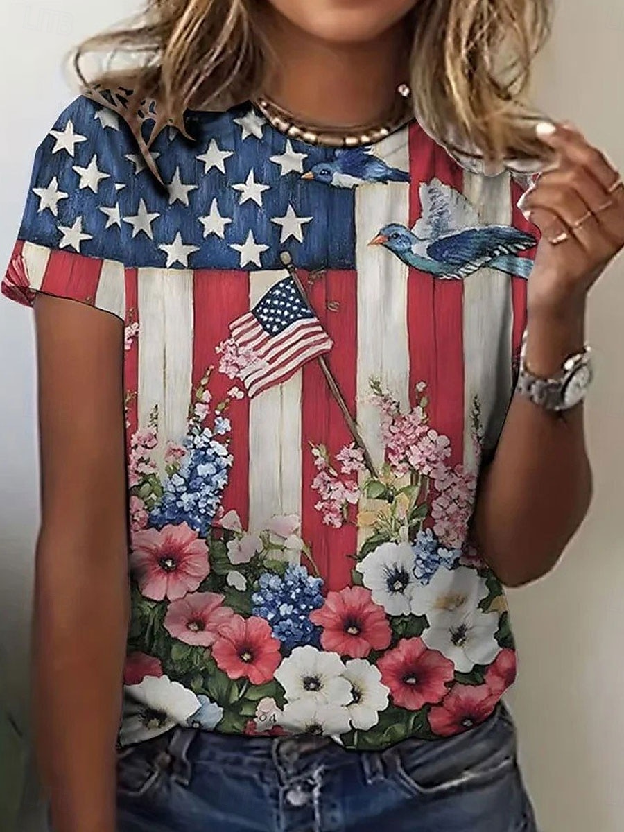 Maglietta Patriottica da Donna Grafica Bandiera Bandiera Americana Vintage Elegante Classica Maniche Corte Collo Rotondo Regular Tops Stampa Quotidiana Week-end Blu Estate del 2025 a $19.99 –P1