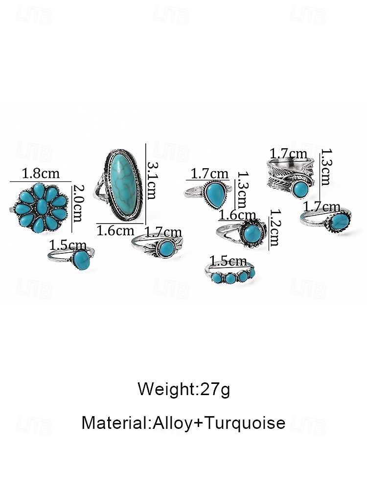 Women's Boho Turquoise Ring Set – Vintage Alloy Stackable Rings with Gemstone Accents for Western Style, Festivals or Daily Wear 2026 - $7.99 –P3