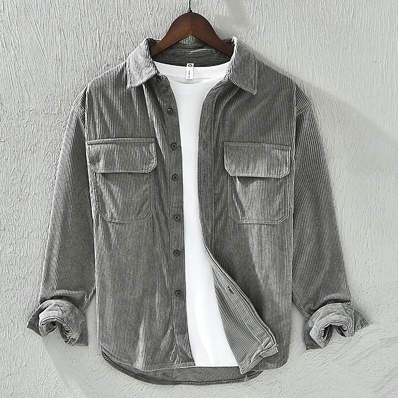 Men's Casual Shirt Corduroy Shirt Shirt Jacket Plain Vacation Daily Wear White Dark Gray Apricot Long Sleeve Lapel Spring Autumn / Fall Clothing Apparel Pocket 2025 - $40.99 –P1