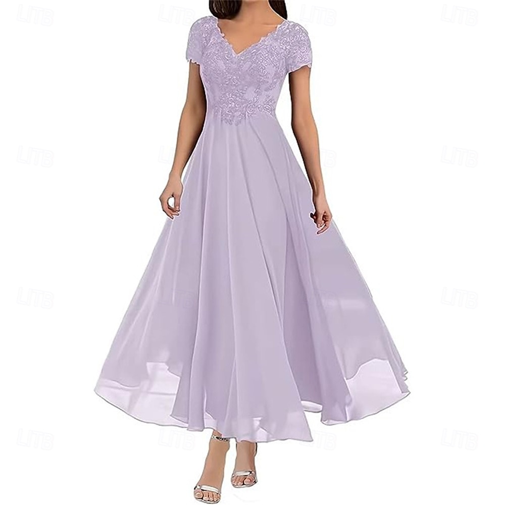 A-Linie Brautmutterkleid Elegant V Ausschnitt Bodenlang Polyester Kurzarm mit Einfarbig 2025 2025 - $119.99 –P13