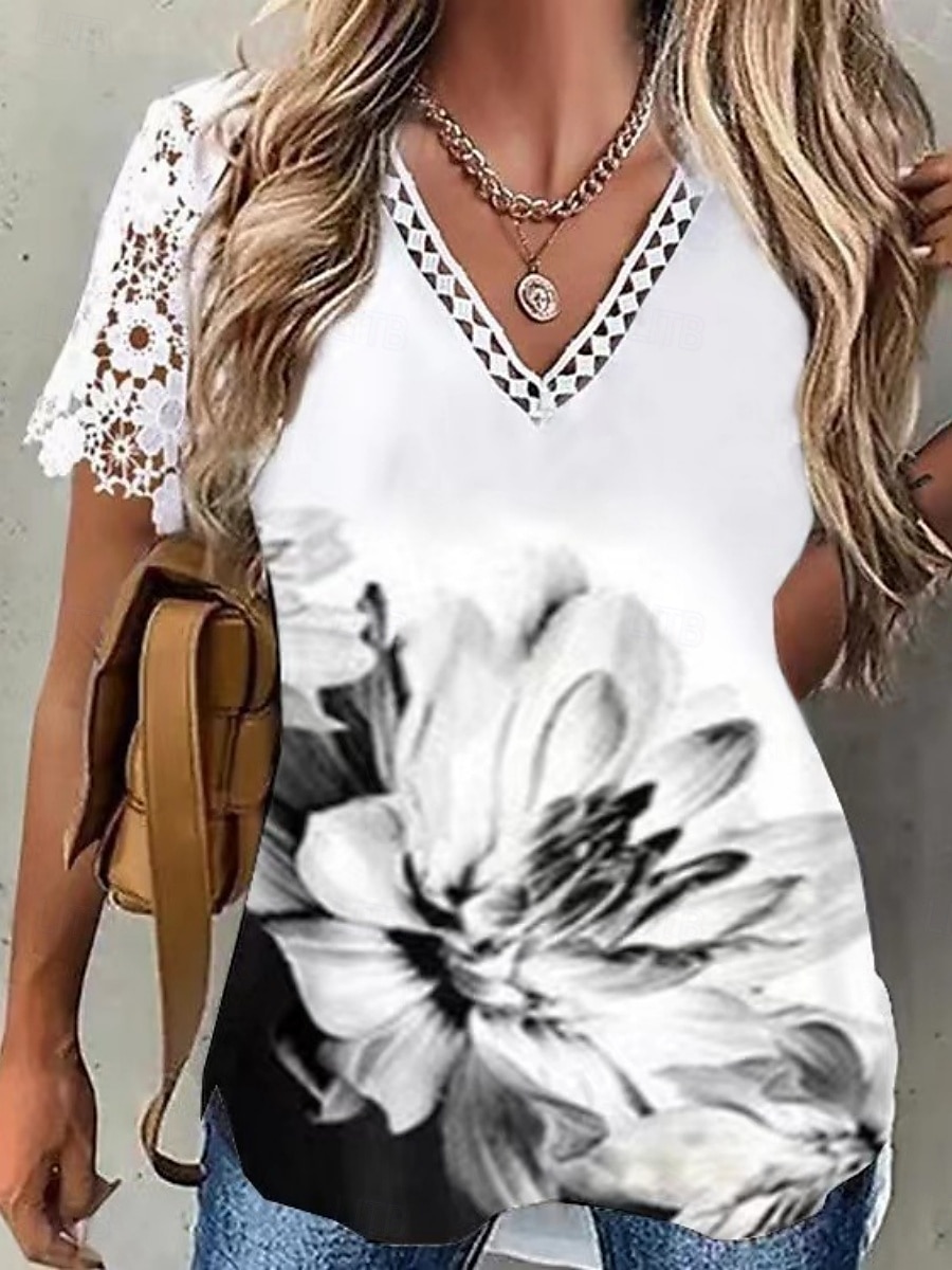 Pentru femei Bluză Floral Stilat Casual Manșon scurt În V Topuri obișnuite Zilnic Dantelă Peteci Imprimeu Negru Roz Îmbujorat Roșu-aprins Auriu Vară 2025 - $16.99 –P2