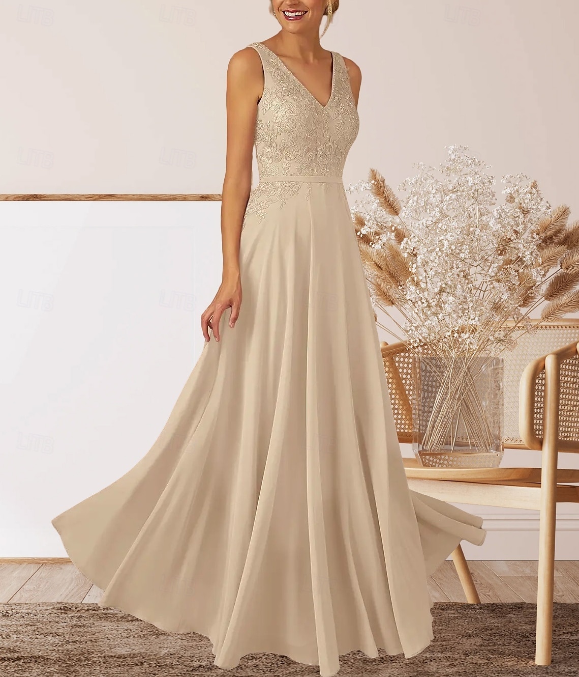 A-Line Wedding Guest Dresses Elegant Dress Wedding Guest Engagement Floor Length Sleeveless V Neck Fall Wedding Guest Chiffon with Appliques 2025 - $169.99 –P3