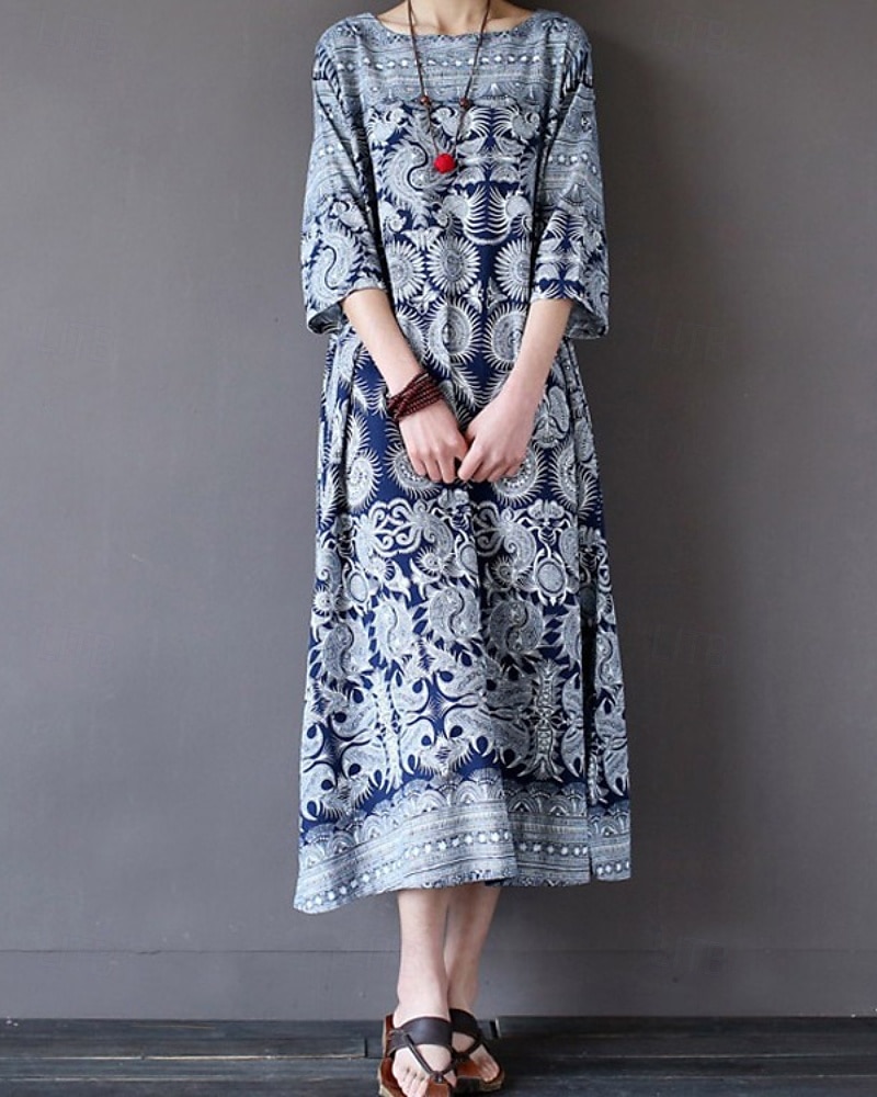 Femmes Robe Midi Robe en coton et lin Robe Fleurie Robe bohème Robe Imprimée Mode Classique Extérieur Vacances Fête Coupe régulière Fleur Manche 3/4 Col ras du cou Bleu clair Été de 2025 ? $23.99 –P1