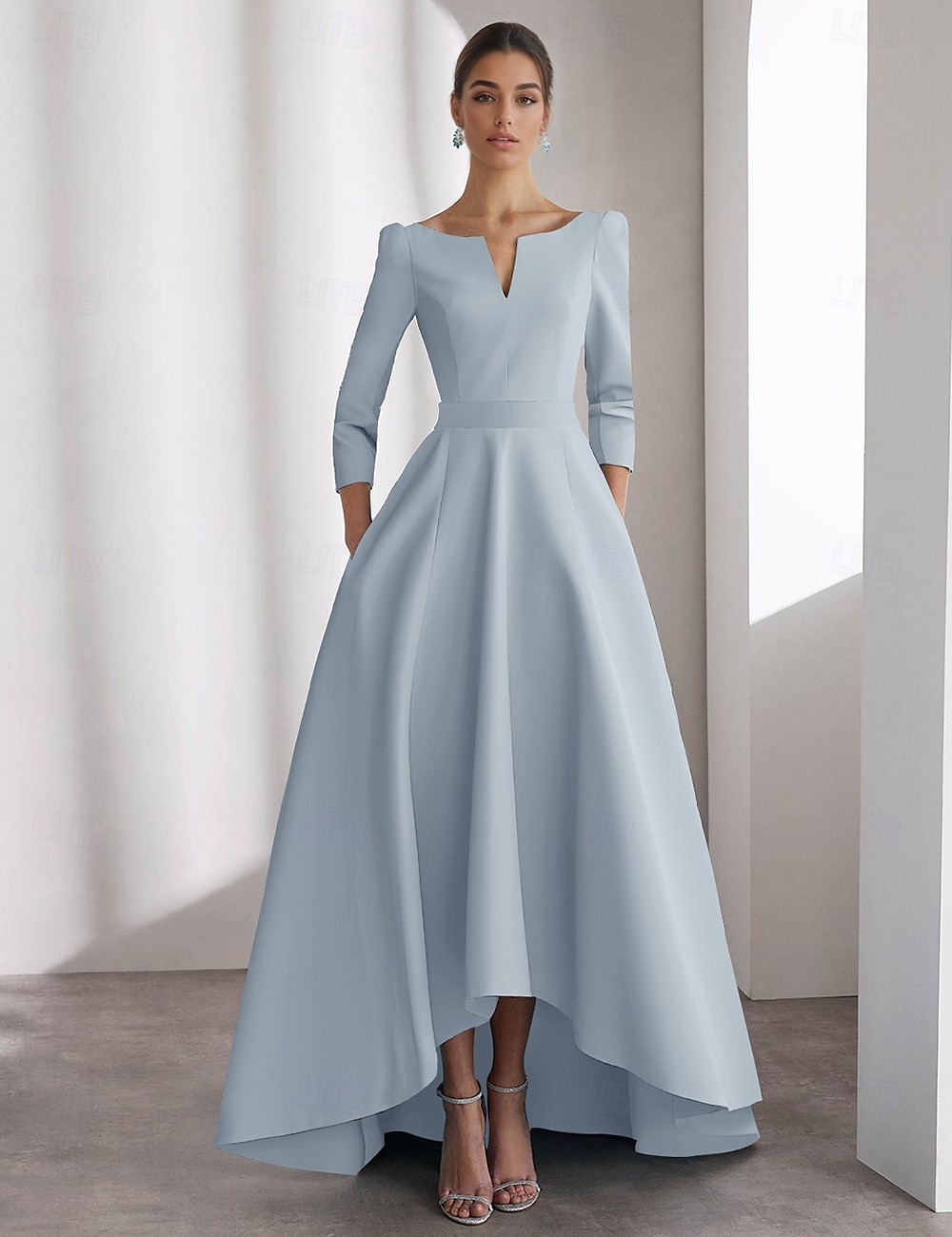 Abiti da Cocktail A-Line Blu Abito Elegante Formale Matrimonio Asimmetrico Maniche Lunghe Scollo a V Satin con Tasche del 2025 a $127.99 –P1