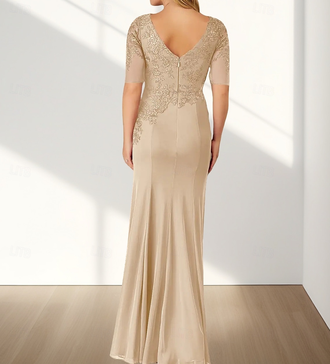 Zeemeermin  Trompet Moeder Van De Bruid Jurk Bruiloft Gast Elegante Crew Hals Vloerlengte Chiffon Halve Mouw Met Applicaties 2025 - $158.99 –P2