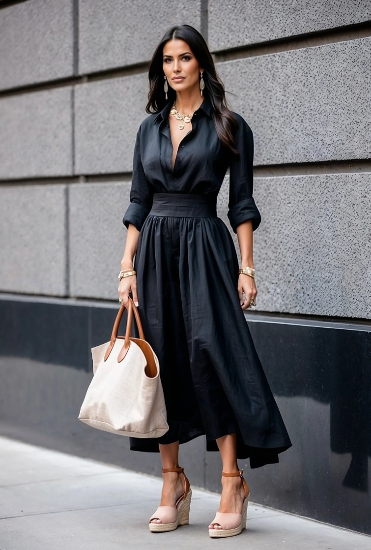 Per donna Abito Lungo Maxi Abito Vestito a ruota Elegante Uscire Vestibilità regolare Colore Puro Manica Lunga Scollo a V Nero Bianco Autunno del 2025 a $27.99 –P2