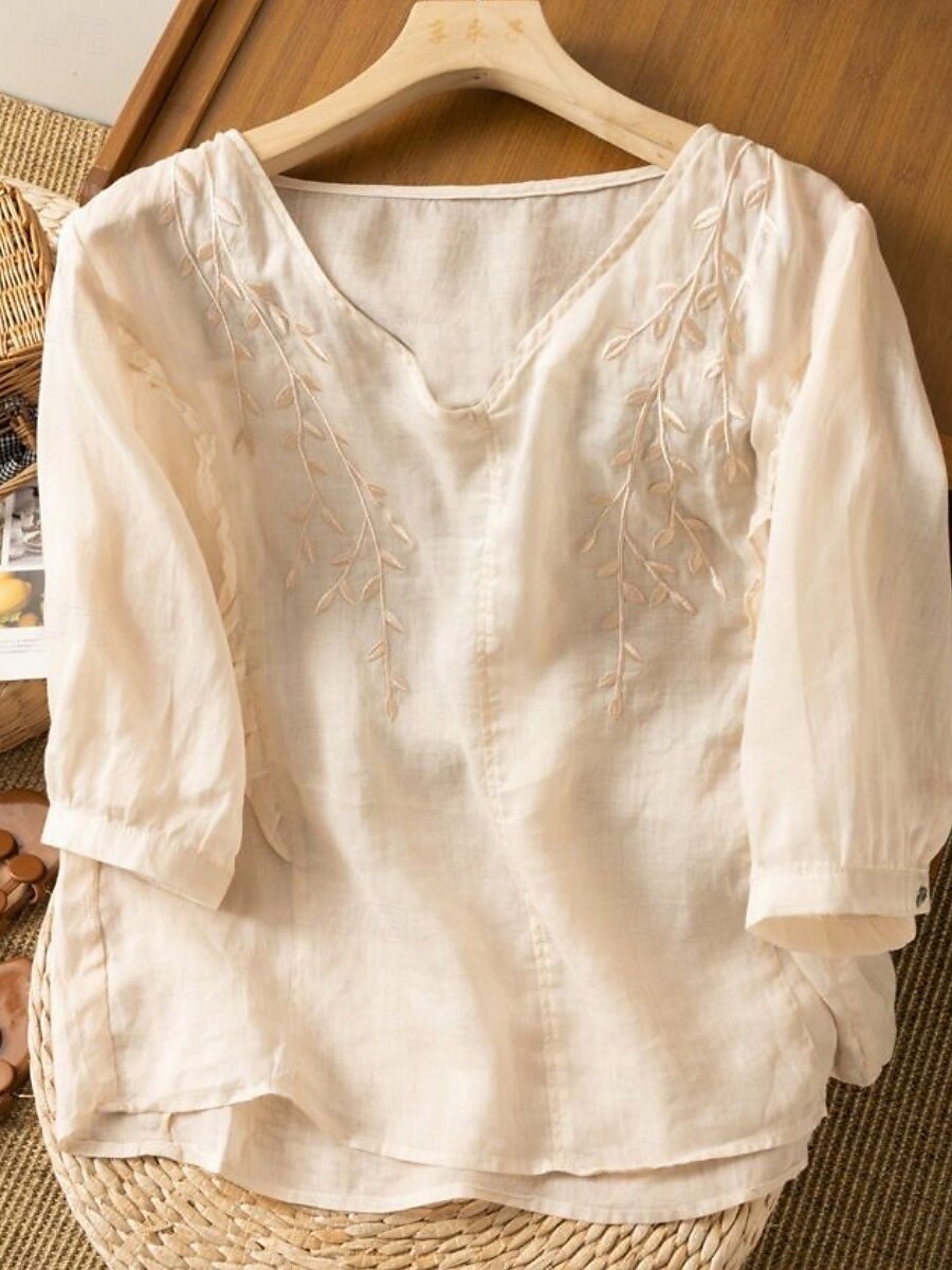 Cămașă de damă din bumbac și in, model floral, simplu, etnic, casual, mânecă 3/4, decolteu în V, croială regulată, topuri, zi de zi, brodat, galben, albastru marin, violet, portocaliu, caisă, vară 2025 - $17.99 –P3