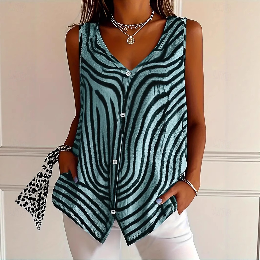 Dame Camisole Tank Top Grafisk Stripet Elegant Fritid Ermeløs V-hals Vanlige topper Daglig Ferie Knapper Trykt mønster Gul Rosa Blå Grå Sommer Vår 2025 - $17.99 –P4