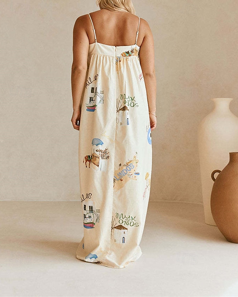 Pentru femei Rochie Lunga Rochie Maxi Rochii de in bumbac Rochie casual Modă În aer liber Petrecere Concediu Fit regulat Vopsire Fără manșon Bretele Spagheti Bej Vară 2025 - $42.99 –P6