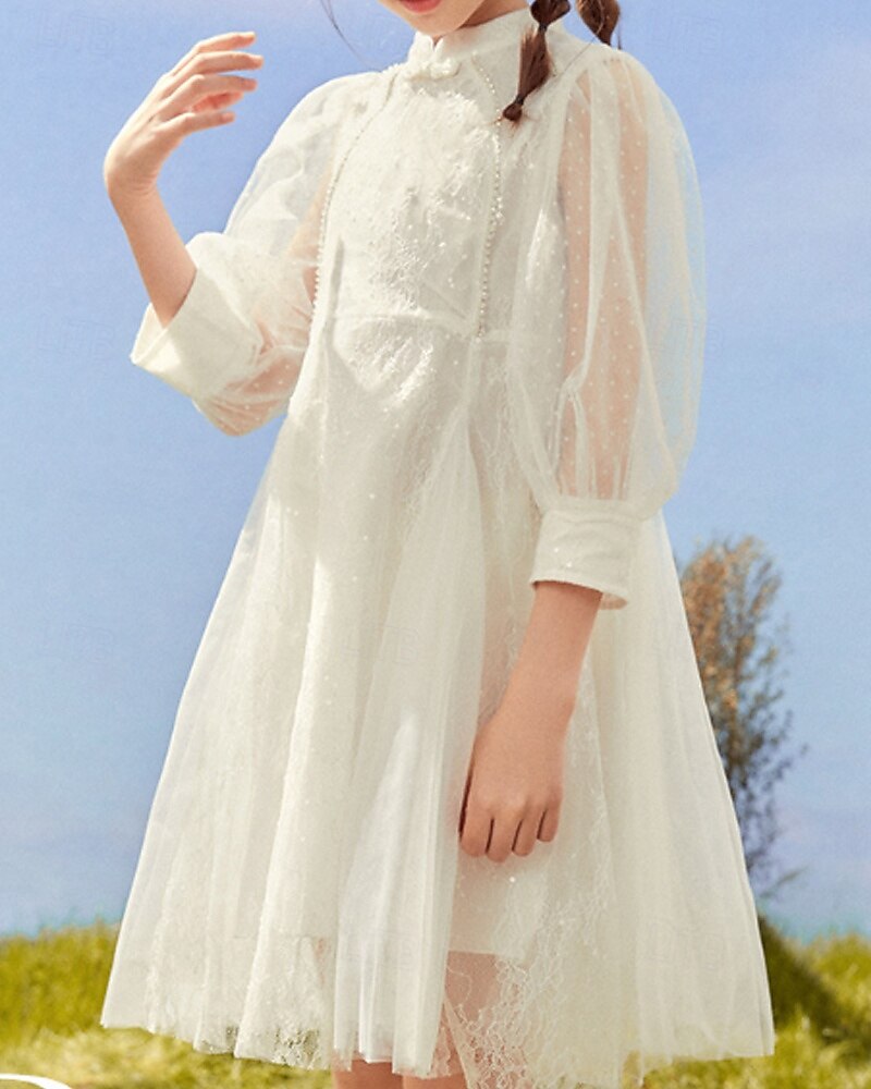Kids Girls' Dress Solid Color Long Sleeve Outdoor Ruched Mesh Adorable Nylon Knee-length Casual Dress Summer 4 years+ Beige 2025 - $58.99 –P2