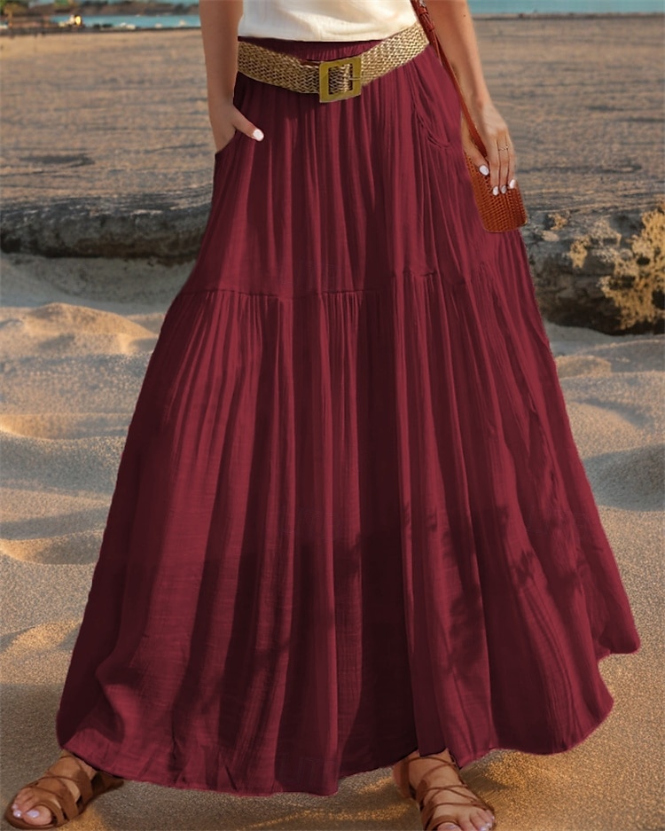 Femmes Taille Asiatique Évasé Jupes en lin Occasionnel Été Midi Taille haute Jupes Couleur Unie Froncé Plissé Avec Poches Élastique Vacances Quotidien Vin Rouge pastèque Moutarde verte couleur orange de 2025 ? $26.99 –P6