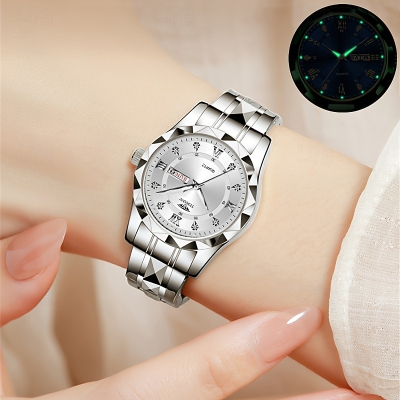 Dois mostradores romanos redondos com diamantes aquáticos, mostrador luminoso, relógio de casal ipx7 à prova d'água, relógio de quartzo com calendário e data, pulseira de aço inoxidável elegante, de 2025 por $29.99 –P5