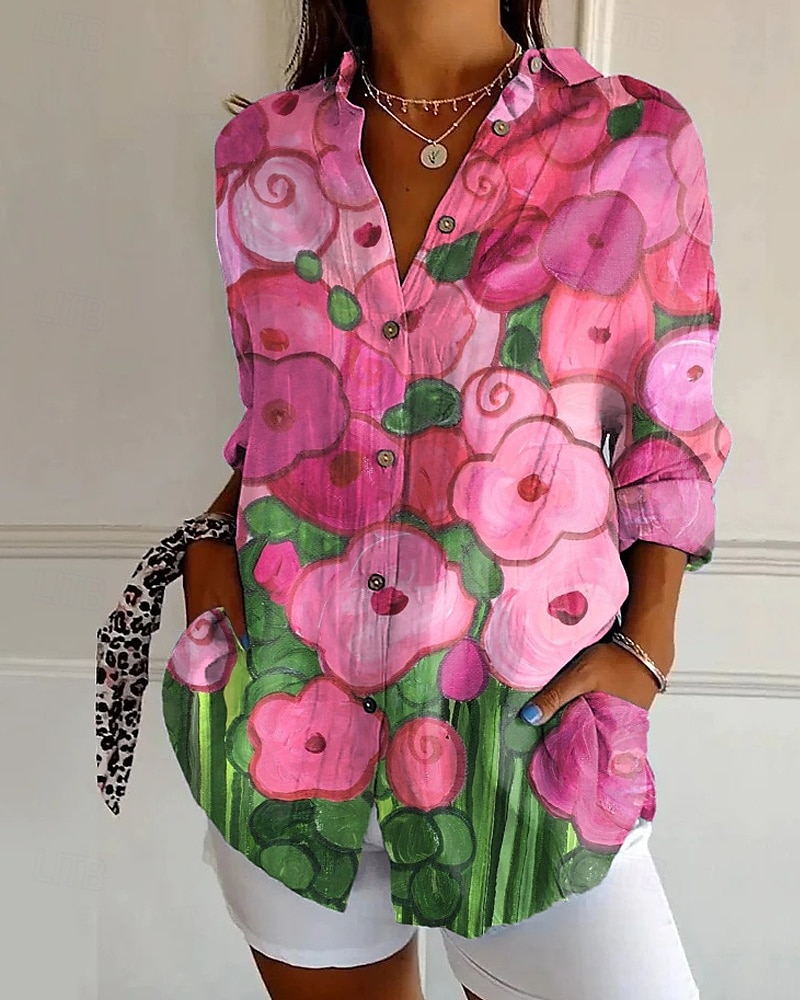 Dame Skjorte Bluse Blomsternål i krystall Moderne Fritid Langermet Skjortekrage Vanlige topper Daglig Ut på byen Knapper Trykt mønster Svart Hvit Gul Lysegrønn Rosa Sommer 2025 - $25.99 –P3