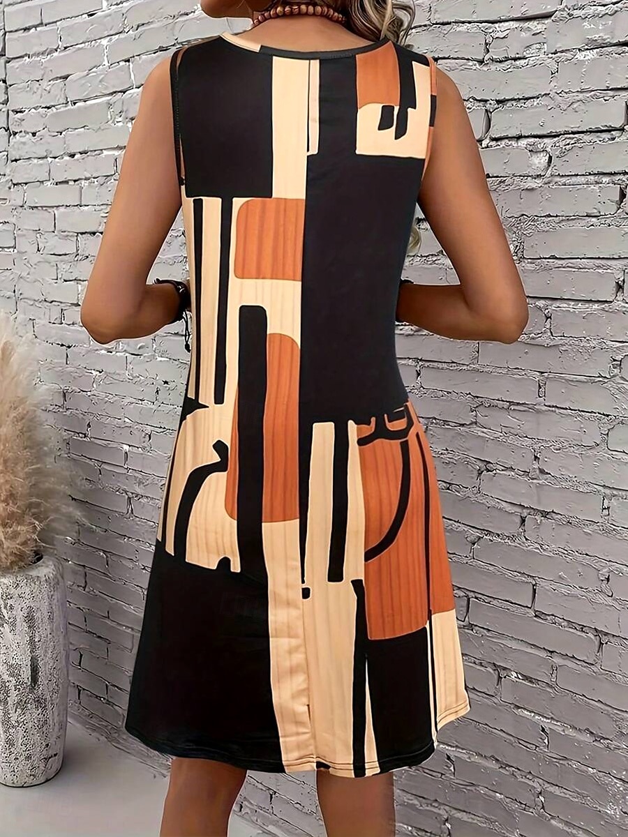 Women's Mini Dress Sundress A Line Dress Summer Dress Vacation Casual Regular Fit Graphic Geometric Color Block Sleeveless U Neck Light Brown Blue Summer Spring 2025 - $21.99 –P4