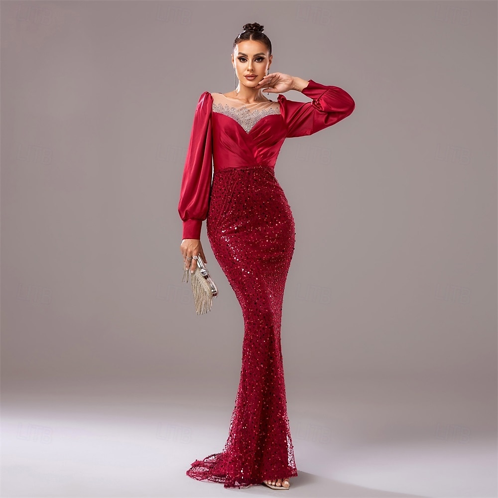 Robe de soirée noire cravate noire robe élégante mariage invité longueur au sol manches longues col rond sequins avec plis de 2025 ? $135.99 –P7